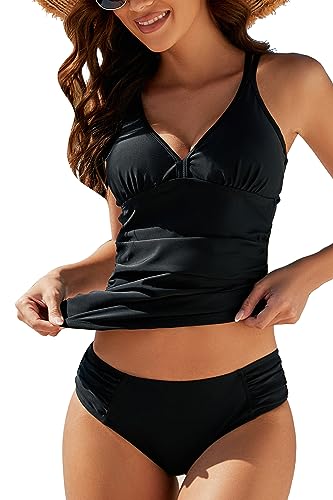 VILOREE Mode Damen Tankini Set Zweiteilige Bademode Badeanzug Nechholder Bauchweg Schwarz (N103) 3XL von VILOREE