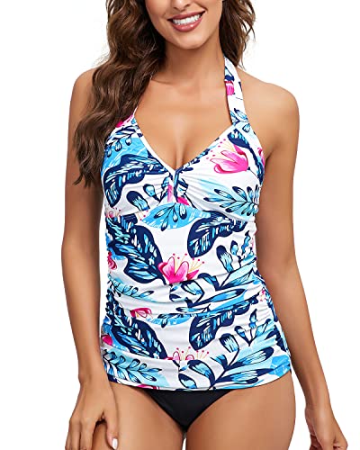 VILOREE Mode Damen Tankini Set Zweiteilige Bademode Badeanzug Nechholder Bauchweg Weiss & Blätter XXL von VILOREE