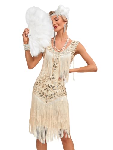 VILOREE Retro 1920er Damen Flapper Kleider voller Pailletten V-Ausschnitt Great Gatsby Motto Party Beige (56) 2XL von VILOREE