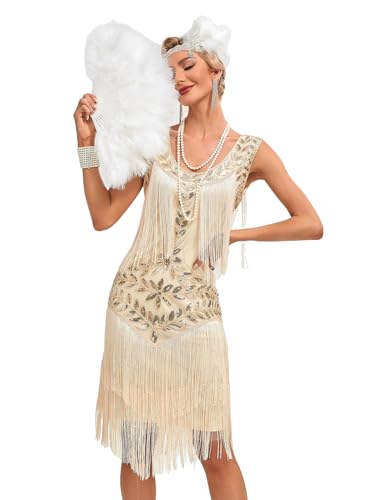 VILOREE Retro 1920er Damen Flapper Kleider voller Pailletten V-Ausschnitt Great Gatsby Motto Party Beige (56) XL von VILOREE