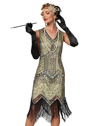 VILOREE Retro 1920er Damen Flapper Kleider voller Pailletten V-Ausschnitt Great Gatsby Motto Party Champagner 2XL von VILOREE