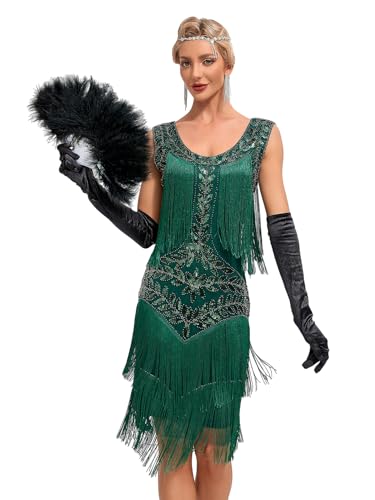 VILOREE Retro 1920er Damen Flapper Kleider voller Pailletten V-Ausschnitt Great Gatsby Motto Party Grün (56) 2XL von VILOREE