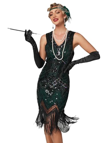 VILOREE Retro 1920er Damen Flapper Kleider voller Pailletten V-Ausschnitt Great Gatsby Motto Party Grün 2XL von VILOREE