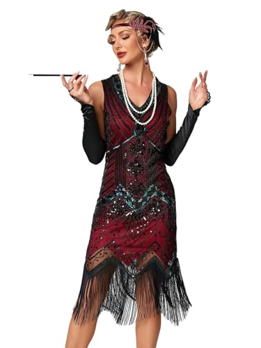 VILOREE Retro 1920er Damen Flapper Kleider voller Pailletten V-Ausschnitt Great Gatsby Motto Party Rot M von VILOREE