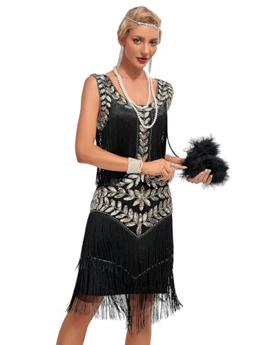 VILOREE Retro 1920er Damen Flapper Kleider voller Pailletten V-Ausschnitt Great Gatsby Motto Party Schwarz (56) S von VILOREE