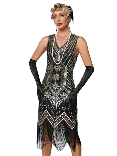 VILOREE Retro 1920er Damen Flapper Kleider voller Pailletten V-Ausschnitt Great Gatsby Motto Party Schwarz + Gold M von VILOREE