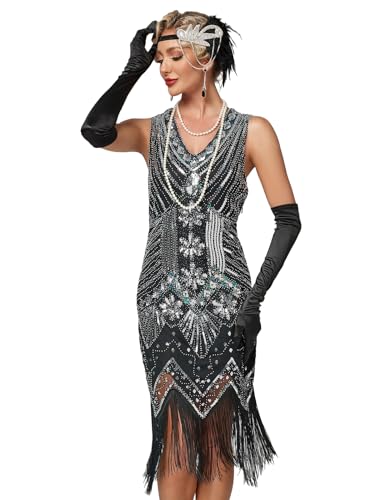 VILOREE Retro 1920er Damen Flapper Kleider voller Pailletten V-Ausschnitt Great Gatsby Motto Party Schwarz 2 S von VILOREE