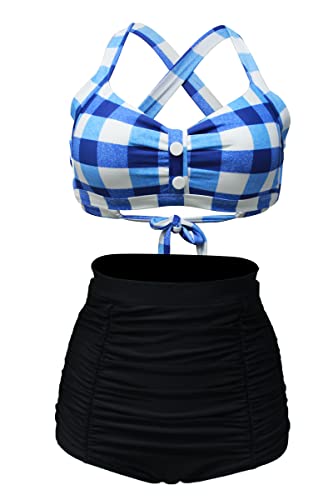 VILOREE Vintage 50s Damen Bademode Bikini Set Push Up Hoher Taille Neckholder Bauchweg Blau Kariert L von VILOREE