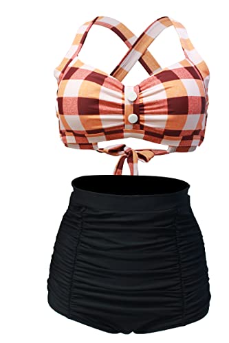 VILOREE Vintage 50s Damen Bademode Bikini Set Push Up Hoher Taille Neckholder Bauchweg Orange Kariert M von VILOREE