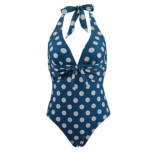 VILOREE Rockbilliy 50s Damen one Piece Badeanzug Bademode Monokini Neckholder Bauchweg Blau mit Weiss Polka Dots-2 L von VILOREE