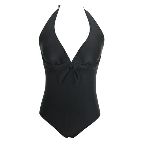 VILOREE Rockbilliy 50s Damen one Piece Badeanzug Bademode Monokini Neckholder Bauchweg Schwarz 3XL von VILOREE