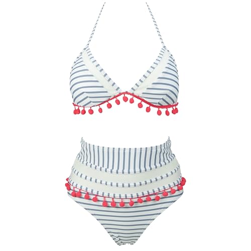 VILOREE Sexy Damen Bikini Set Bademode Schwimmanzug Zweiteiliger Badeanzug mit Pompom Neckholder Hoher Taille Bauchkontrolle Schwarz Streifen 2XL VILOREE Sexy Damen Bikini Set Bademode Schwimmanzug Zweiteiliger Badeanzug mit Pompom Neckholder Hoher Taille Bauchkontrolle Schwarz Streifen 2XL von VILOREE