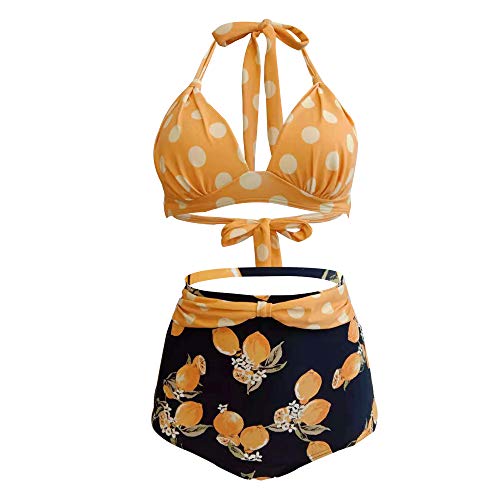 VILOREE Vintage 50s Damen Bademode Bikini Set Push Up Hoher Taille Neckholder Bauchweg Gelb Top + Zitrone Shorts M von VILOREE