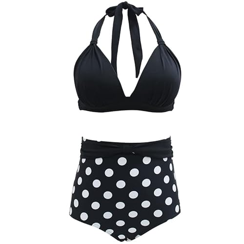 VILOREE Vintage 50s Damen Bademode Bikini Set Push Up Hoher Taille Neckholder Bauchweg Schwarz Top + Weisse Punkte Shorts L von VILOREE