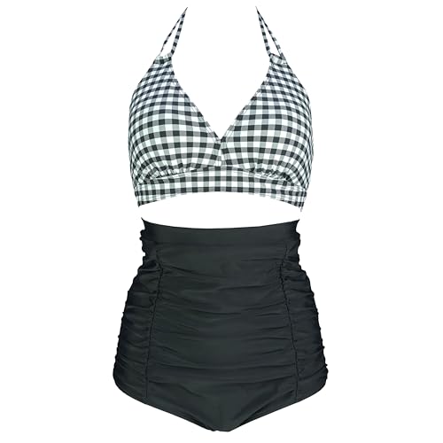 VILOREE Vintage 50s Damen Bademode Bikini Set Push Up Hoher Taille Neckholder Bauchweg Schwarz & Weiss Kariert (2) L von VILOREE