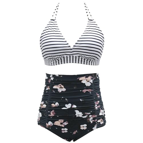VILOREE Vintage 50s Damen Bademode Bikini Set Push Up Hoher Taille Neckholder Bauchweg Schwarz & Weiss Streifen L von VILOREE