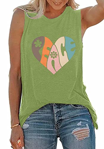 Peace Love Shirt für Damen, 70er-Jahre, Hippe-Hemd, inspirierend, Hippie-Top, Vintage-Grafik-T-Shirt, kurzärmelig, ärmellos, Grüner Tank, X-Groß von VILOVE