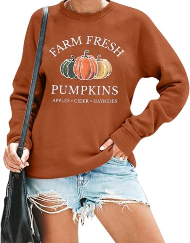 VILOVE Farm Fresh Pumpkin Sweatshirt Damen Herbst Sweatshirt Kürbis Grafik Hoodie Happy Fall Yall Langarm Tops, Braun, S von VILOVE