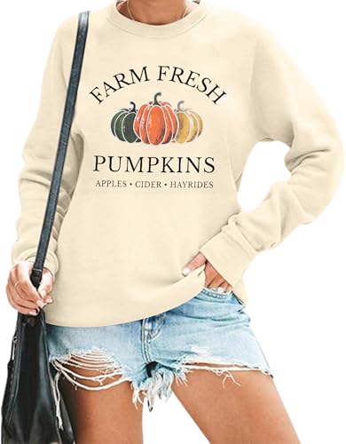 VILOVE Farm Fresh Pumpkin Sweatshirt Damen Herbst Sweatshirt Kürbis Grafik Hoodie Happy Fall Yall Langarm Tops, aprikose, XL von VILOVE