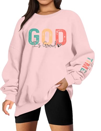 VILOVE God is Good Sweatshirt Christliche Shirts für Frauen Oversized Jesus Religiöser Pullover Bibelvers Inspirierende Tops, Pink, M von VILOVE