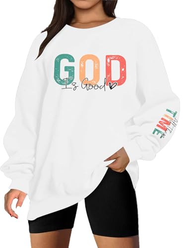 VILOVE God is Good Sweatshirt Christliche Shirts für Frauen Oversized Jesus Religiöser Pullover Bibelvers Inspirierende Tops, Weiss/opulenter Garten, L von VILOVE
