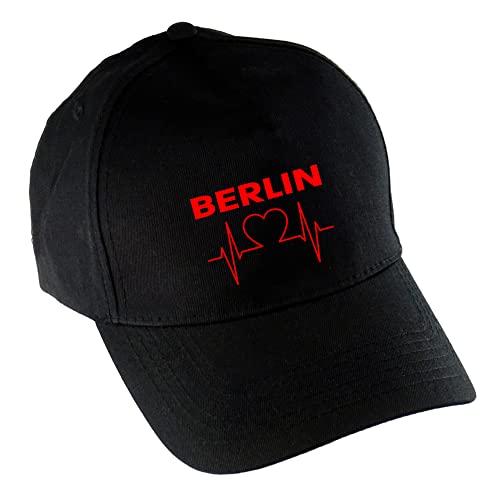 VIMAVERTRIEB® Baseballcap Berlin - Herzschlag - Druck: rot - Cap Kappe Mütze Schirmmütze Fußball Fanartikel Fanshop - schwarz von VIMAVERTRIEB