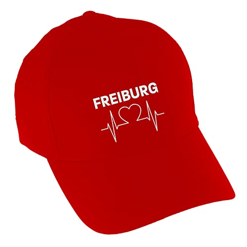 VIMAVERTRIEB® Baseballcap Freiburg - Herzschlag - Druck: weiß - Cap Kappe Mütze Schirmmütze Fußball Fanartikel Fanshop - rot von VIMAVERTRIEB