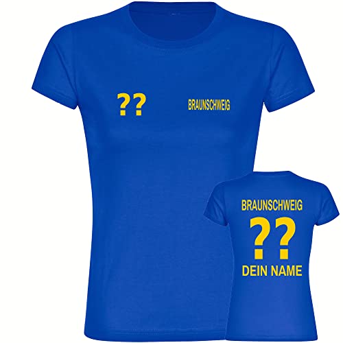 VIMAVERTRIEB® Damen T-Shirt Braunschweig - Trikot mit Deinem Namen und Nummer - Druck: gelb - Frauen Shirt Wunschtext - Größe: XL blau von VIMAVERTRIEB