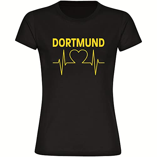 VIMAVERTRIEB® Damen T-Shirt Dortmund - Herzschlag - Druck: gelb - Frauen Shirt Fußball Fanartikel Fanshop - Größe: L schwarz von VIMAVERTRIEB