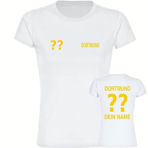 VIMAVERTRIEB® Damen T-Shirt Dortmund - Trikot mit Deinem Namen und Nummer - Druck: gelb - Frauen Shirt Fußball Fanartikel Fanshop - Größe: S weiß von VIMAVERTRIEB