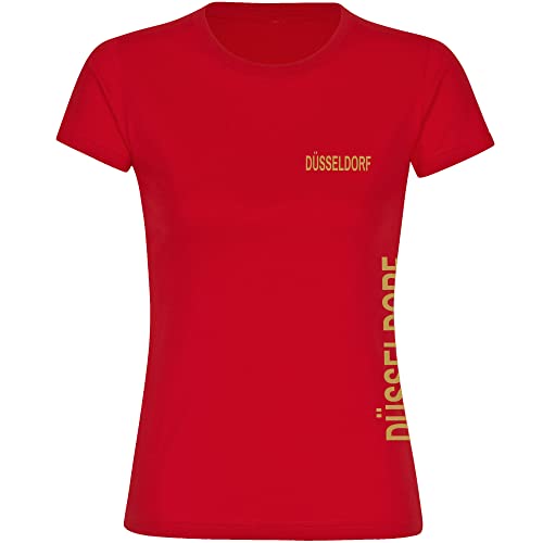 VIMAVERTRIEB® Damen T-Shirt Düsseldorf - Brust & Seite - Druck: Gold metallik - Frauen Shirt Fußball Fanartikel Fanshop - Größe: L rot von VIMAVERTRIEB