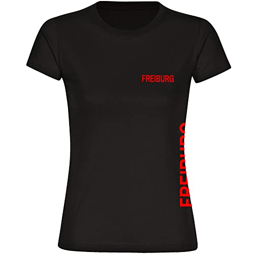 VIMAVERTRIEB® Damen T-Shirt Freiburg - Brust & Seite - Druck: rot - Frauen Shirt Fußball Fanartikel Fanshop - Größe: XL schwarz von VIMAVERTRIEB