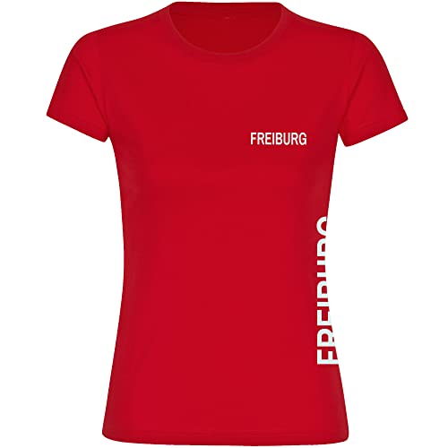 VIMAVERTRIEB® Damen T-Shirt Freiburg - Brust & Seite - Druck: weiß - Frauen Shirt Fußball Fanartikel Fanshop - Größe: L rot von VIMAVERTRIEB