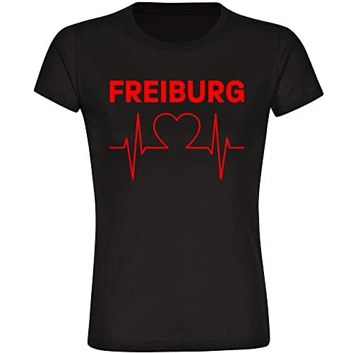 VIMAVERTRIEB® Damen T-Shirt Freiburg - Herzschlag - Druck: rot - Frauen Shirt Fußball Fanartikel Fanshop - Größe: XXL schwarz von VIMAVERTRIEB