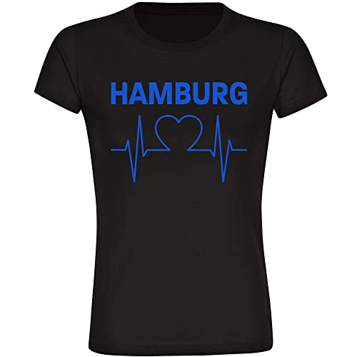 VIMAVERTRIEB® Damen T-Shirt Hamburg - Herzschlag - Druck: blau - Frauen Shirt Fußball Fanartikel Fanshop - Größe: L schwarz von VIMAVERTRIEB