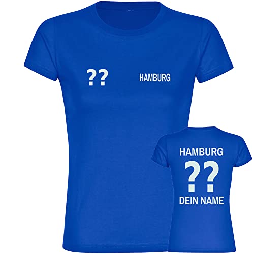 VIMAVERTRIEB® Damen T-Shirt Hamburg - Trikot mit Deinem Namen und Nummer - Druck: weiß - Frauen Shirt Wunschtext - Größe: L blau von VIMAVERTRIEB