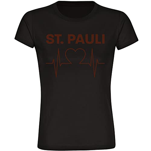 VIMAVERTRIEB® Damen T-Shirt St. Pauli - Herzschlag - Druck: braun - Frauen Shirt Fußball Fanartikel Fanshop - Größe: L schwarz von VIMAVERTRIEB