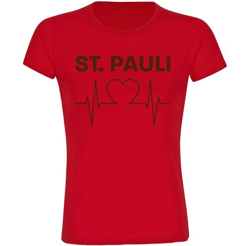 VIMAVERTRIEB® Damen T-Shirt St. Pauli - Herzschlag - Druck: braun - Frauen Shirt Fußball Fanartikel Fanshop - Größe: M rot von VIMAVERTRIEB