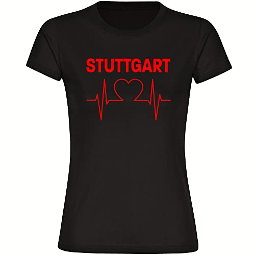 VIMAVERTRIEB® Damen T-Shirt Stuttgart - Herzschlag - Druck: rot - Frauen Shirt Fußball Fanartikel Fanshop - Größe: S schwarz von VIMAVERTRIEB