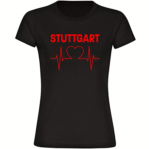 VIMAVERTRIEB® Damen T-Shirt Stuttgart - Herzschlag - Druck: rot - Frauen Shirt Fußball Fanartikel Fanshop - Größe: XL schwarz von VIMAVERTRIEB