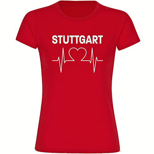 VIMAVERTRIEB® Damen T-Shirt Stuttgart - Herzschlag - Druck: weiß - Frauen Shirt Fußball Fanartikel Fanshop - Größe: M rot von VIMAVERTRIEB