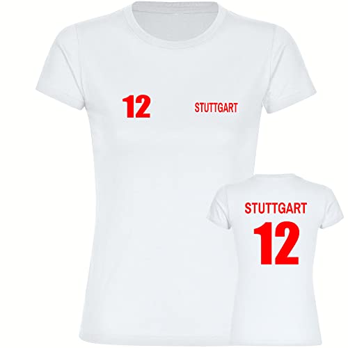 VIMAVERTRIEB® Damen T-Shirt Stuttgart - Trikot 12 - Druck: rot - Frauen Shirt Fußball Fanartikel Fanshop - Größe: M weiß von VIMAVERTRIEB