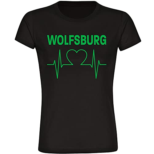 VIMAVERTRIEB® Damen T-Shirt Wolfsburg - Herzschlag - Druck: grün - Frauen Shirt Fußball Fanartikel Fanshop - Größe: S schwarz von VIMAVERTRIEB