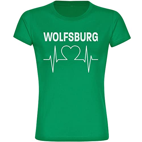 VIMAVERTRIEB® Damen T-Shirt Wolfsburg - Herzschlag - Druck: weiß - Frauen Shirt Fußball Fanartikel Fanshop - Größe: L grün von VIMAVERTRIEB