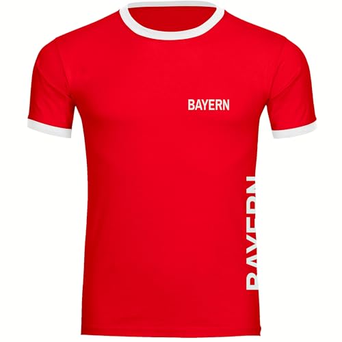 VIMAVERTRIEB® Herren Kontrast T-Shirt Bayern - Brust & Seite - Druck: weiß - Männer Shirt Fußball Fanartikel Fanshop - Größe: M rot/weiß von VIMAVERTRIEB