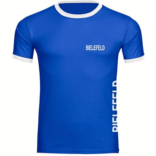 VIMAVERTRIEB® Herren Kontrast T-Shirt Bielefeld - Brust & Seite - Druck: weiß - Männer Shirt Fußball Fanartikel Fanshop - Größe: XL blau/weiß von VIMAVERTRIEB