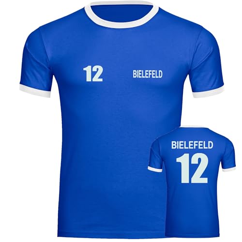 VIMAVERTRIEB® Herren Kontrast T-Shirt Bielefeld - Trikot 12 - Druck: weiß - Männer Shirt Fußball Fanartikel Fanshop - Größe: 3XL blau/weiß von VIMAVERTRIEB