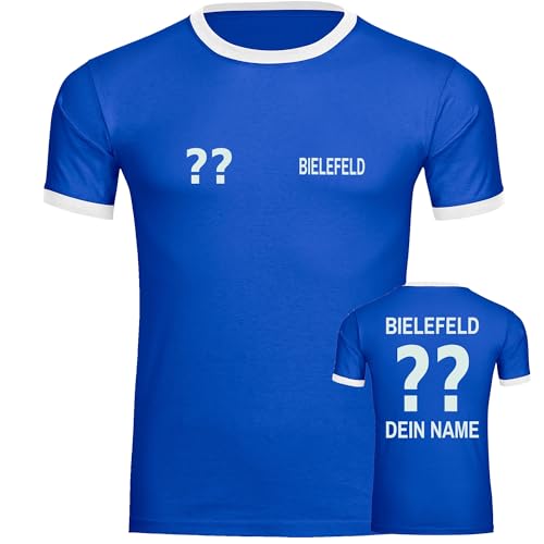 VIMAVERTRIEB® Herren Kontrast T-Shirt Bielefeld - Trikot mit Deinem Namen und Nummer - Druck: weiß - Männer Shirt Wunschtext - Größe: S blau/weiß von VIMAVERTRIEB