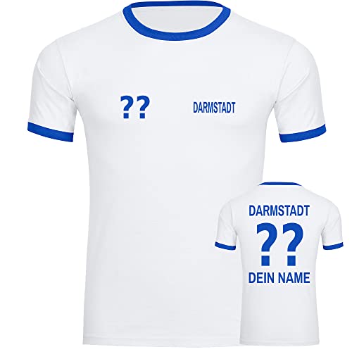 VIMAVERTRIEB® Herren Kontrast T-Shirt Darmstadt - Trikot mit Deinem Namen und Nummer - Druck: blau - Männer Shirt Wunschtext - Größe: S weiß/blau von VIMAVERTRIEB
