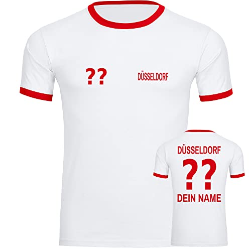 VIMAVERTRIEB® Herren Kontrast T-Shirt Düsseldorf - Trikot mit Deinem Namen und Nummer - Druck: rot - Männer Shirt Fußball Fanartikel Fanshop - Größe: S weiß/rot von VIMAVERTRIEB
